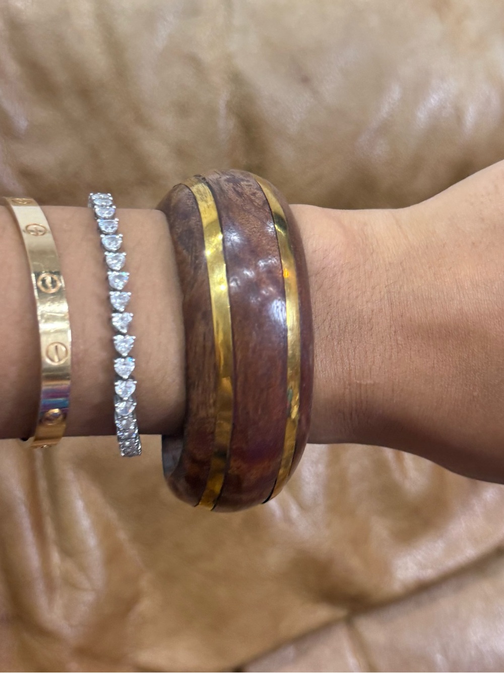 Gold-Trim Brown Wood Bangle with Polished Brass Inlay